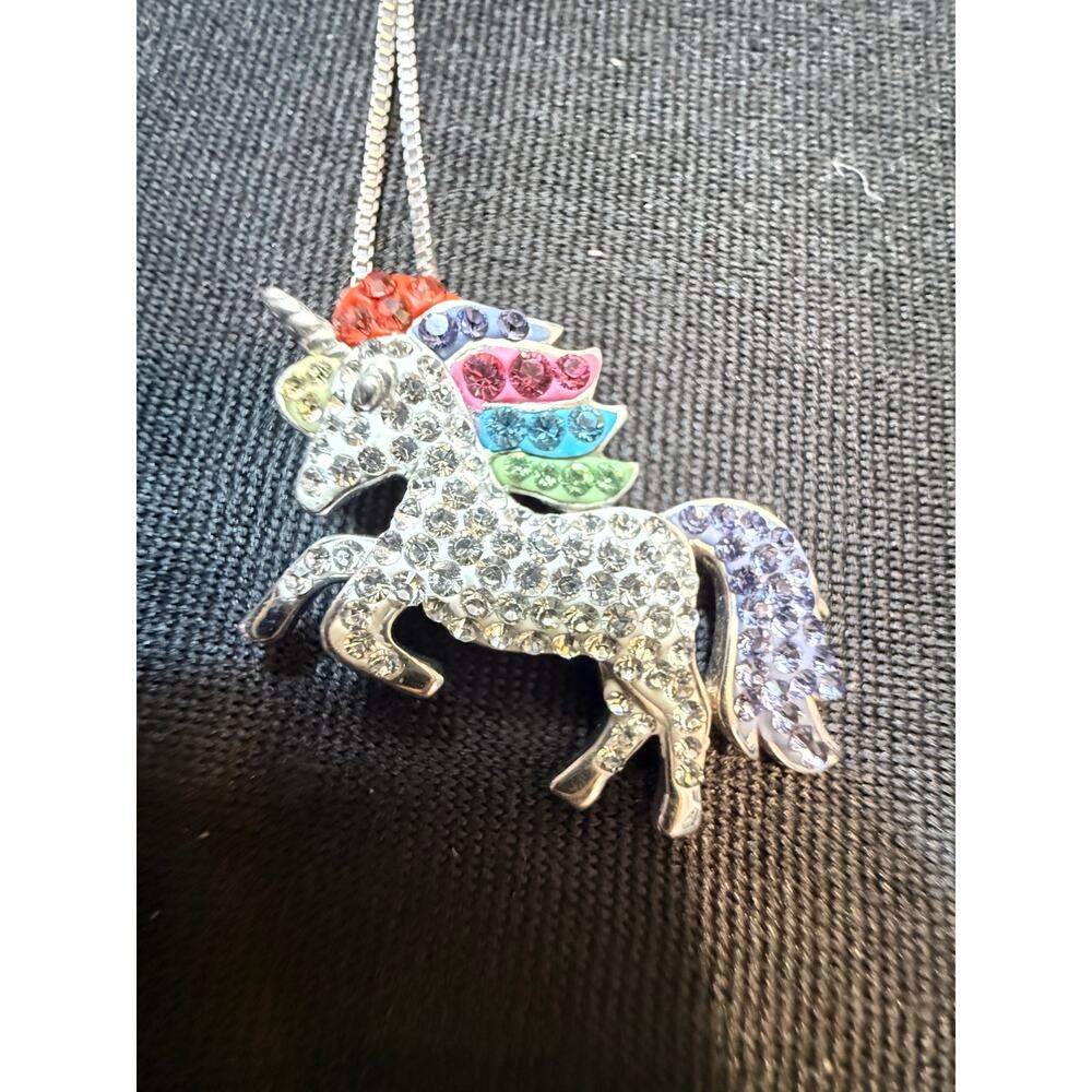 Vintage Sterling Silver Unicorn Swarovski elements Necklace 925 AU Rainbow